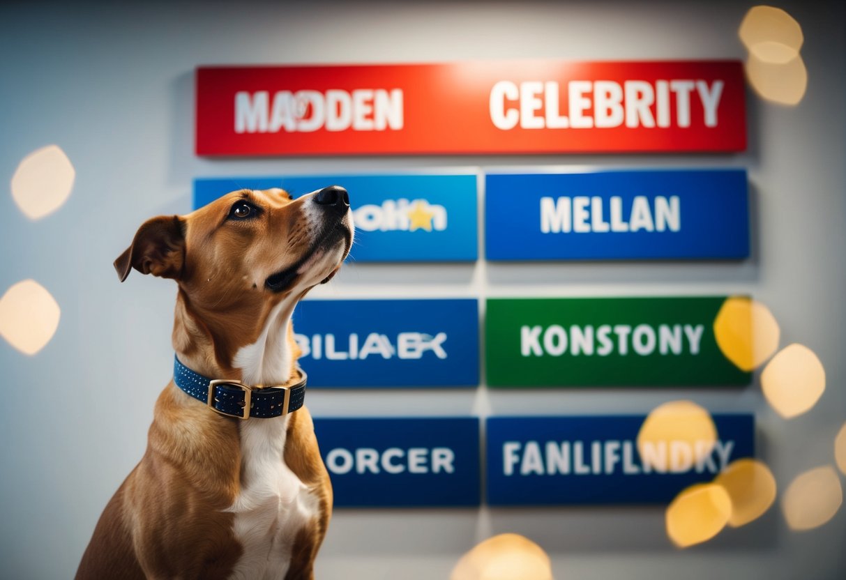 A dog with a stylish collar stands in front of a sign with various celebrity names, looking up at them with curiosity