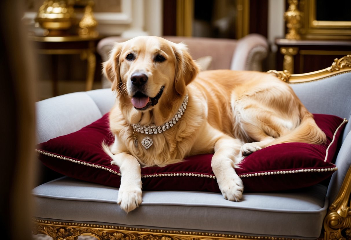 A regal golden retriever lounges on a velvet cushion, surrounded by opulent decor and adorned with a diamond-studded collar
