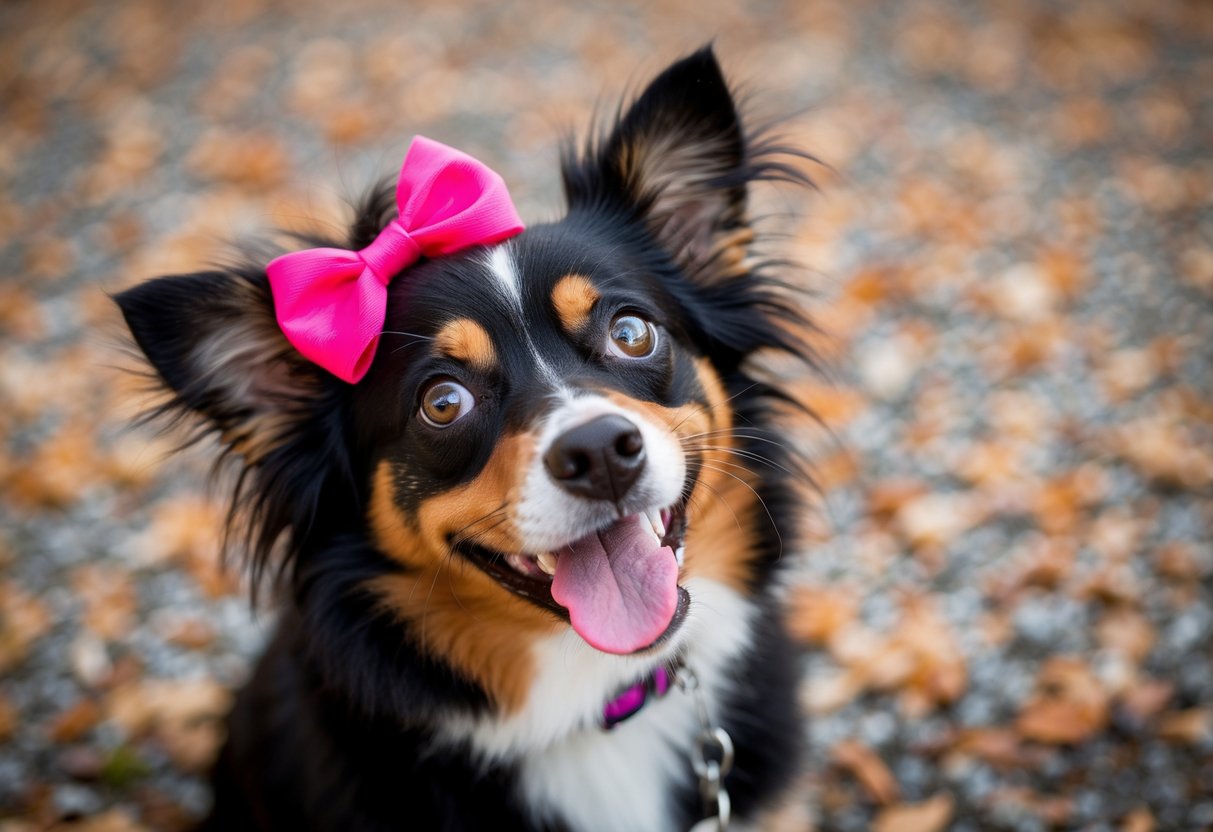 A sassy girl dog named Bella, with a pink bow in her fur, looks up with a mischievous glint in her eye as she playfully sticks out her tongue