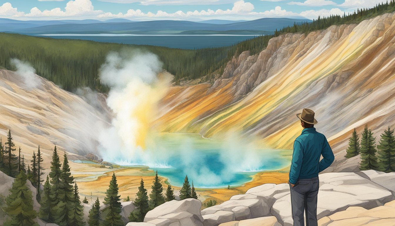 Ellis Steele stands on a rocky overlook, gazing out at the dramatic landscape of Yellowstone National Park. The vibrant colors of the geysers and hot springs create a stunning backdrop for the character