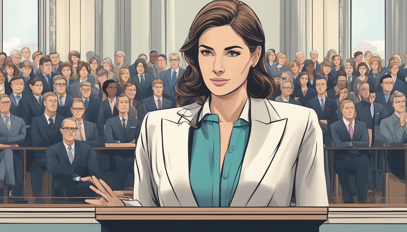 A woman in a formal business suit stands confidently in front of a podium, addressing a crowd with authority and determination