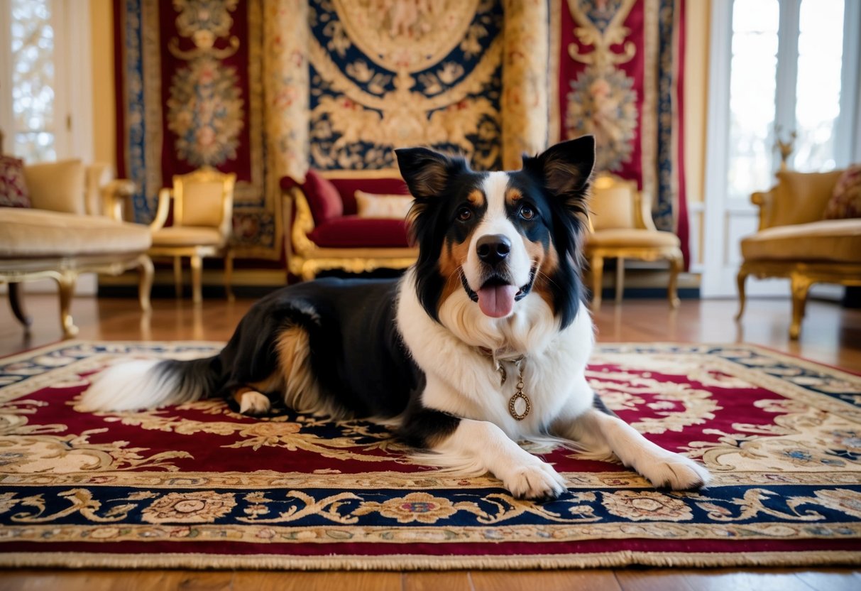 A regal-looking dog lounges on a luxurious rug surrounded by ornate tapestries and gilded decor, evoking a sense of cultural and fictional influences in its opulent name