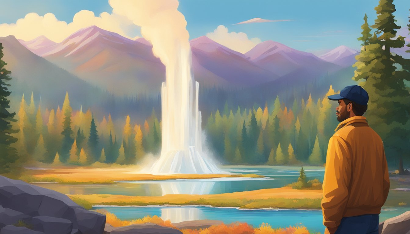 Ellis Steele stands in front of a geyser, surrounded by the vibrant colors of the park. He exudes confidence and determination as he surveys the natural beauty around him