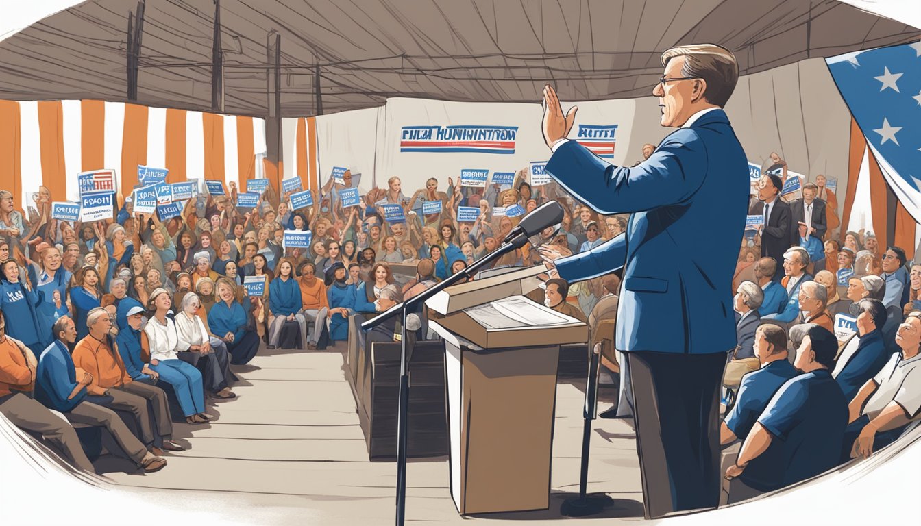 Senator Huntington confidently addresses a crowd at a political rally, flanked by supporters and waving a campaign sign