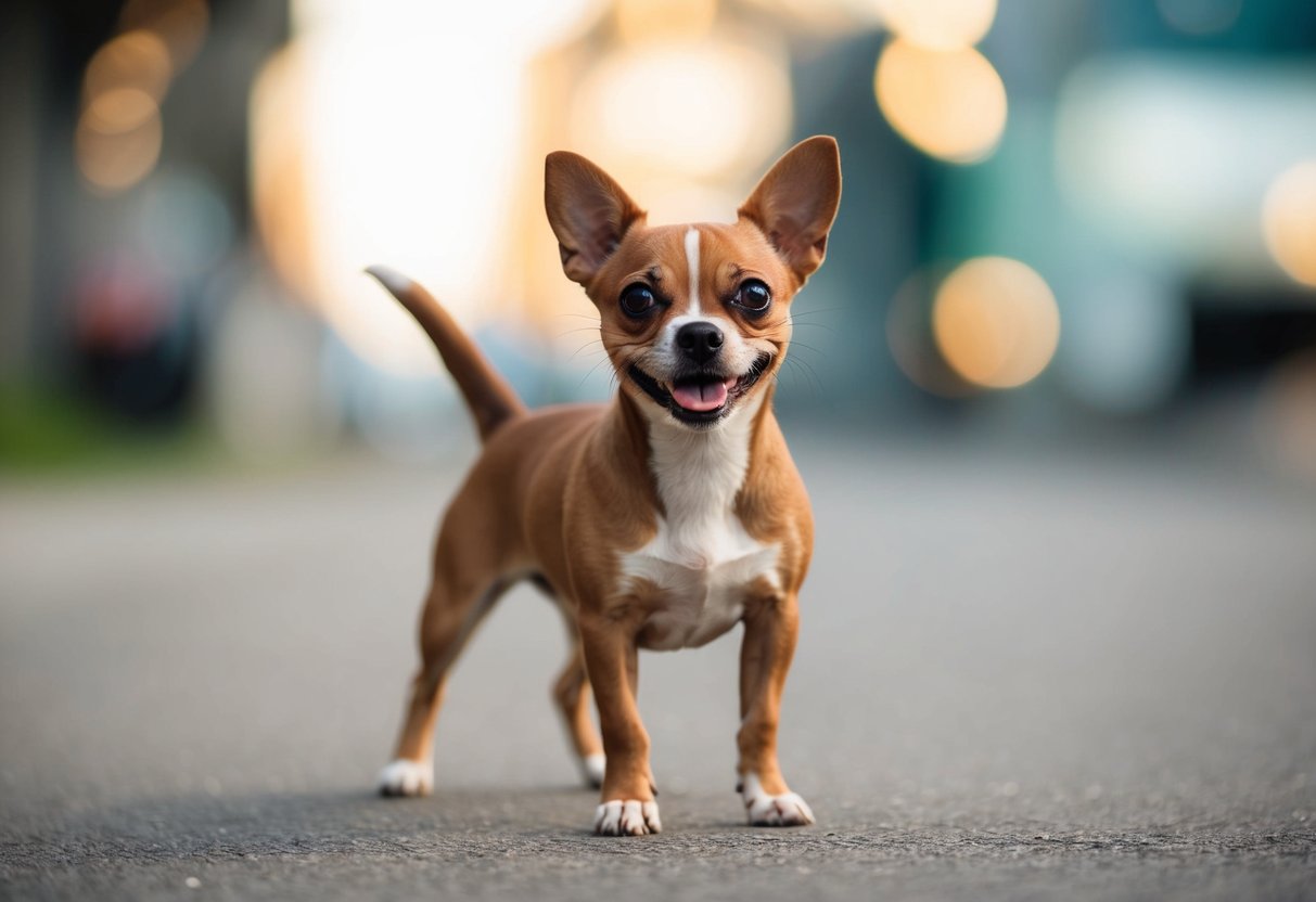 A small, feisty female dog with a playful expression, standing with one paw raised in a confident pose