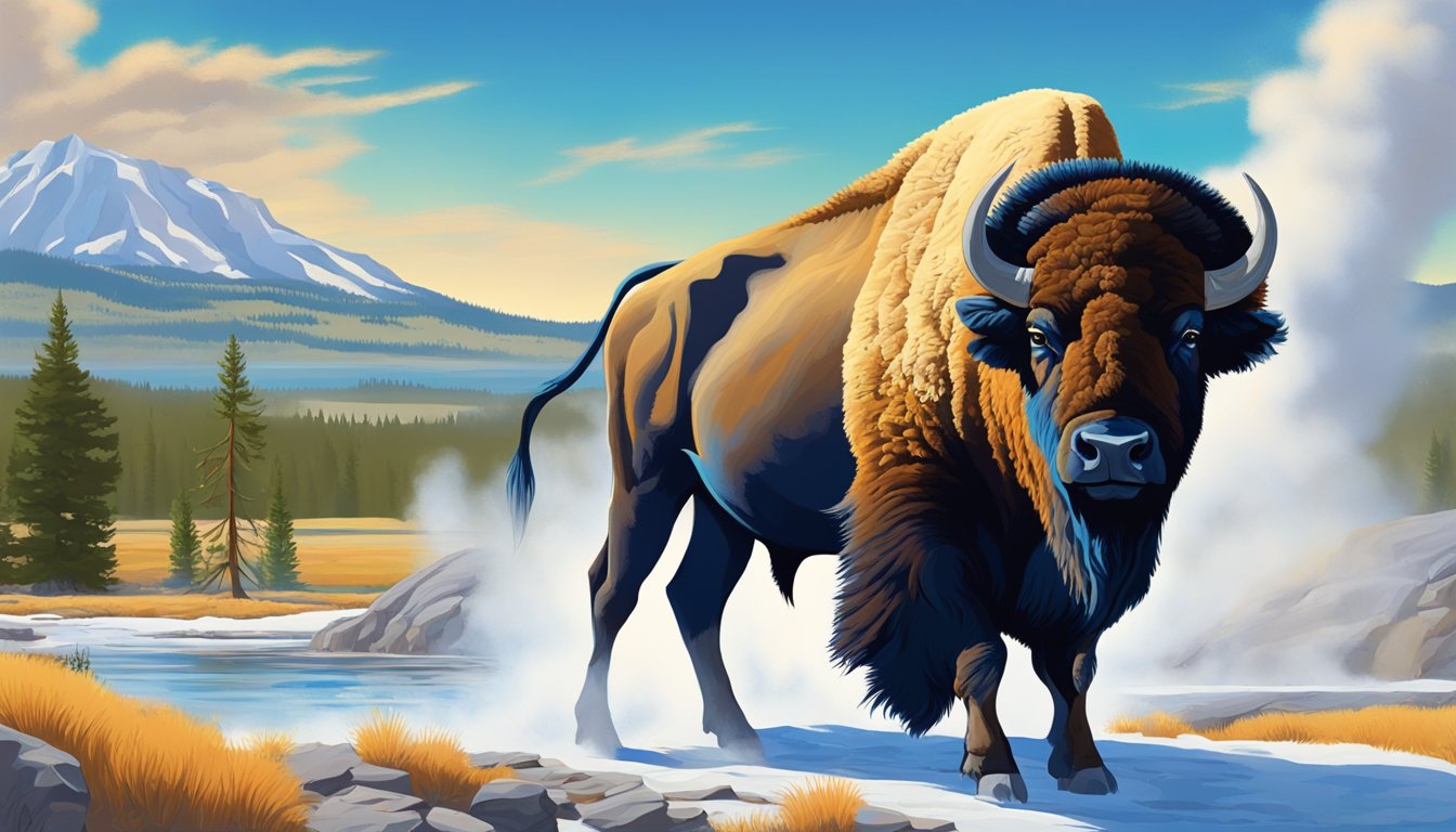 A majestic bison stands amidst the vibrant Yellowstone landscape, with geysers erupting in the background. The sky is a brilliant blue, and the air is filled with the sounds of nature