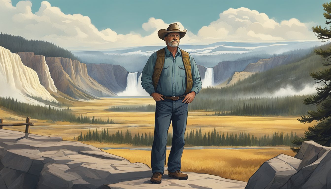 A rugged, middle-aged man stands confidently with a determined expression, surrounded by the natural beauty of Yellowstone National Park