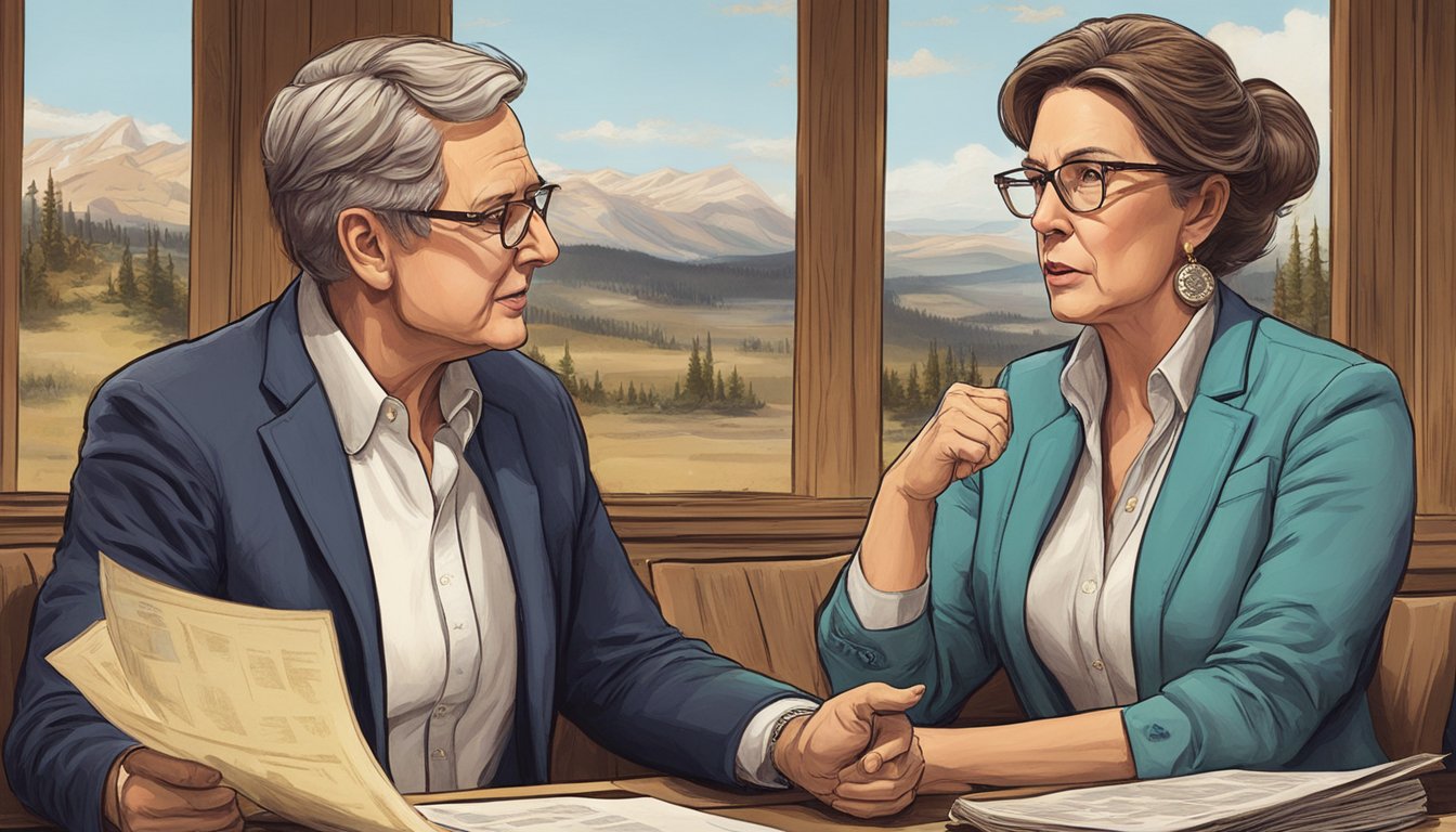 Senator Huntington engages in a heated debate with the Yellowstone ranch owner, gesticulating passionately as her eyes narrow in determination