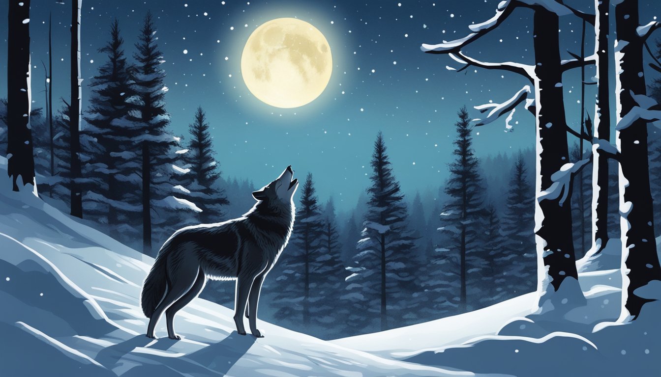 A lone wolf howling under the moonlight in a snowy forest clearing