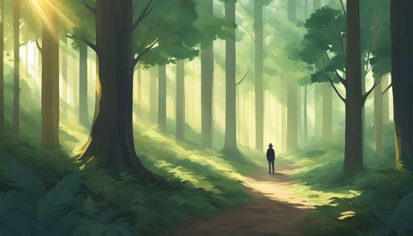 A lone figure stands amidst the towering trees of a dense forest, with the sunlight filtering through the leaves and casting dappled shadows on the ground