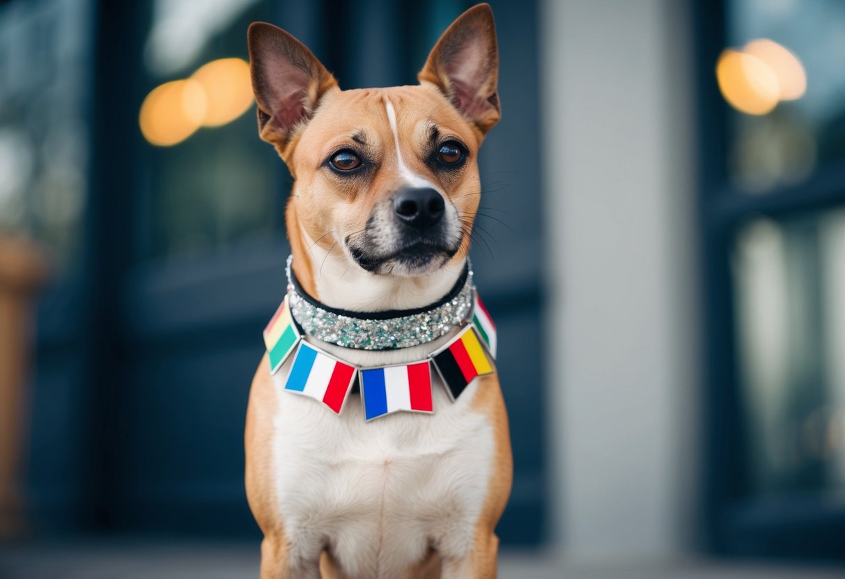 A sassy girl dog struts with attitude, wearing a sparkly collar adorned with international flags. She confidently gazes at the viewer with a mischievous glint in her eye