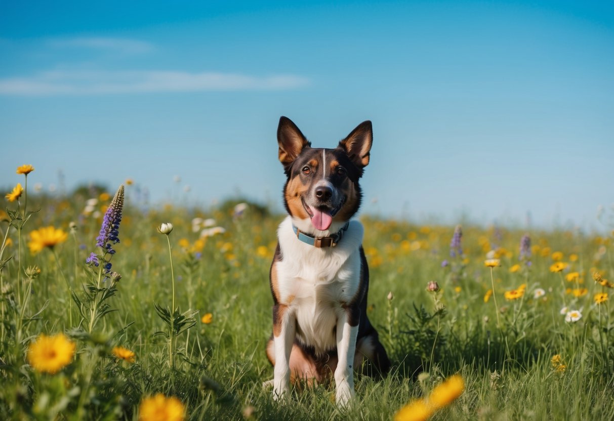 A dog sitting in a grassy meadow, surrounded by wildflowers and a clear blue sky