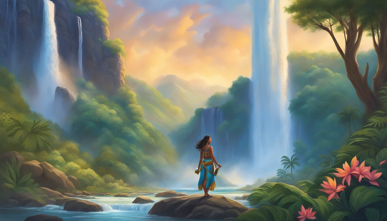 Angela Blue Thunder stands in front of a majestic waterfall, surrounded by lush greenery and wildlife. The vibrant colors and powerful presence capture her cultural impact