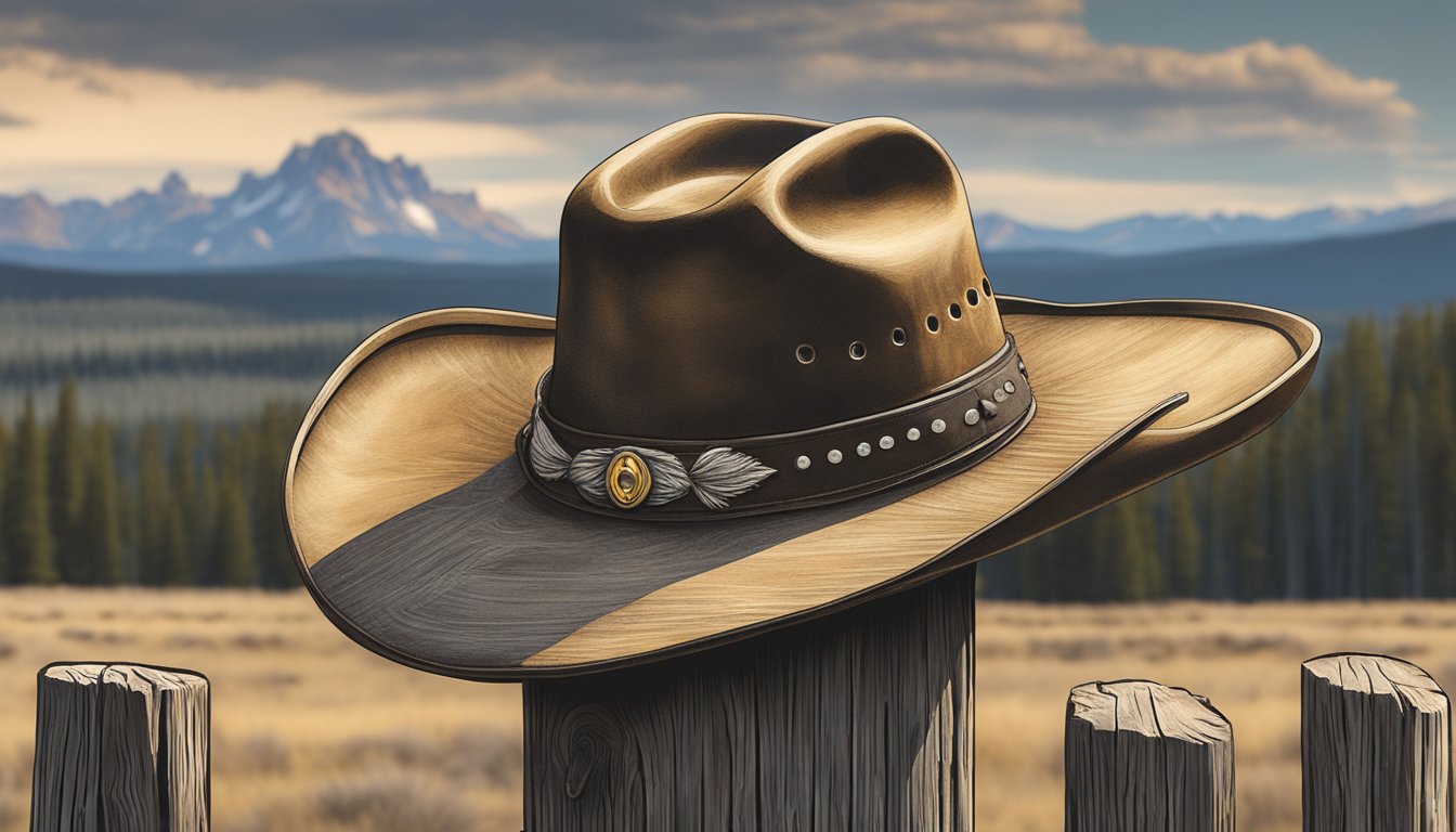 A rugged cowboy hat resting on a weathered wooden fence post, with the iconic Yellowstone scenery in the background