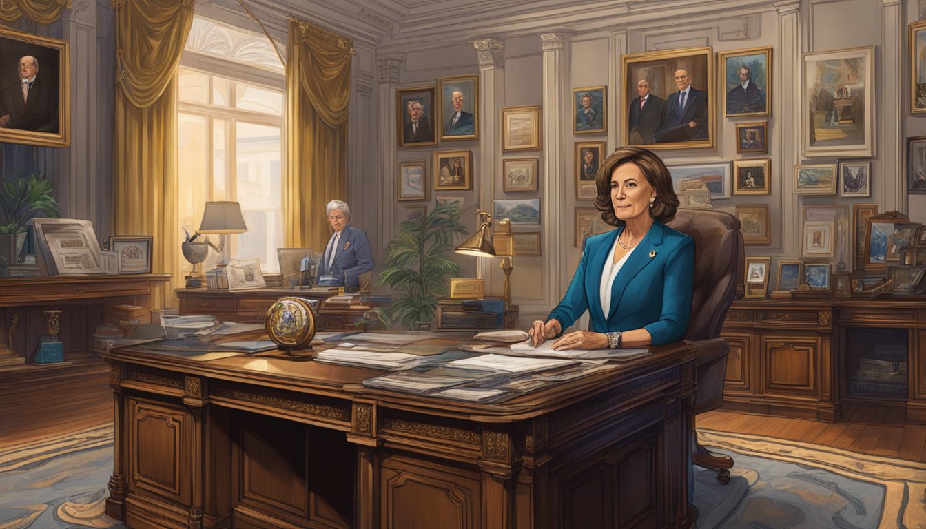 A powerful senator strategizes in her opulent office, surrounded by political memorabilia and framed accolades