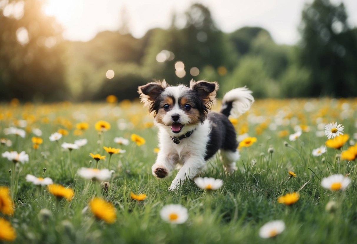 A tiny girl dog named Daisy playing in a field of flowers
