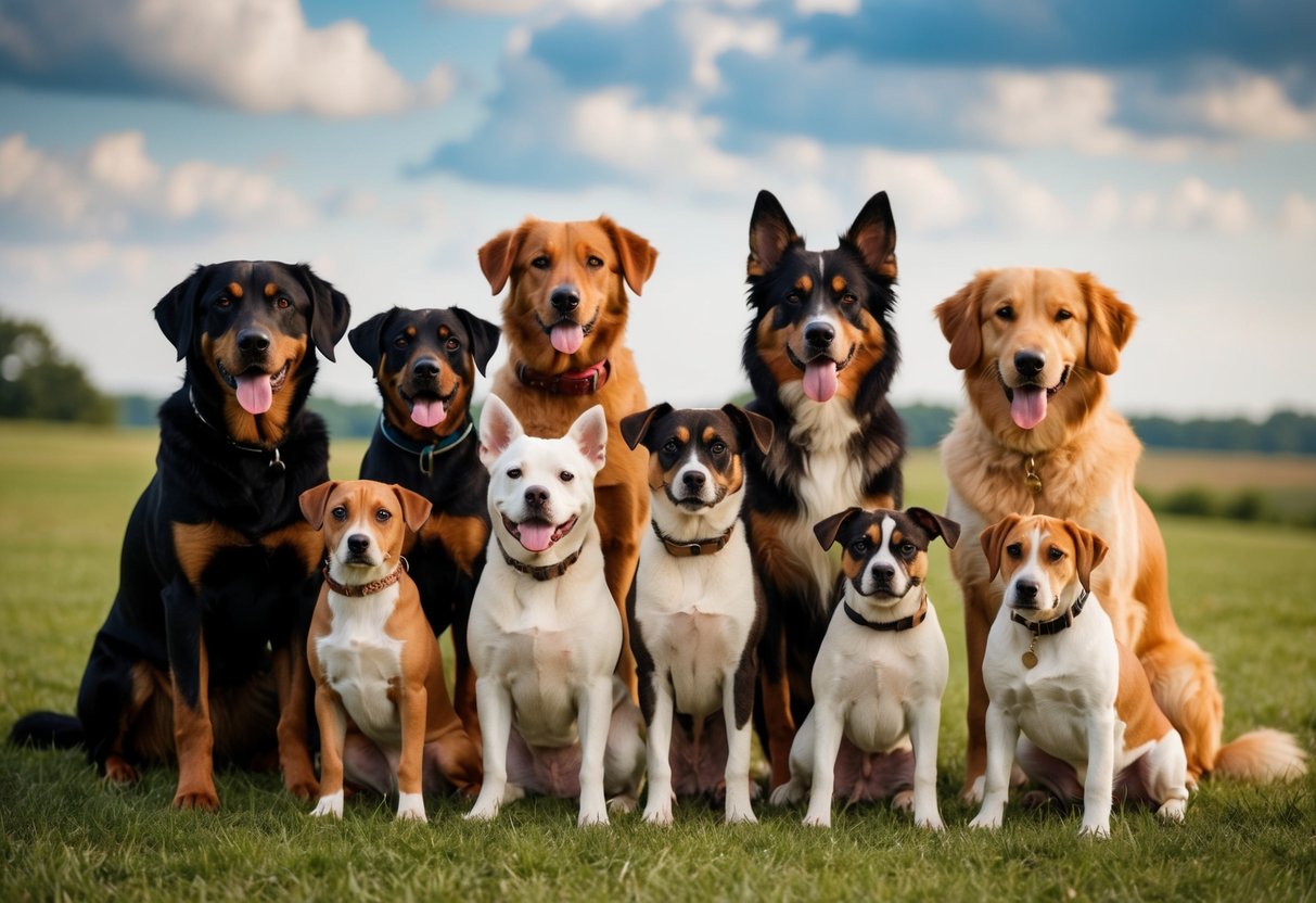 A group of dogs of various sizes and shapes, representing different breeds, gathered together in a historical setting