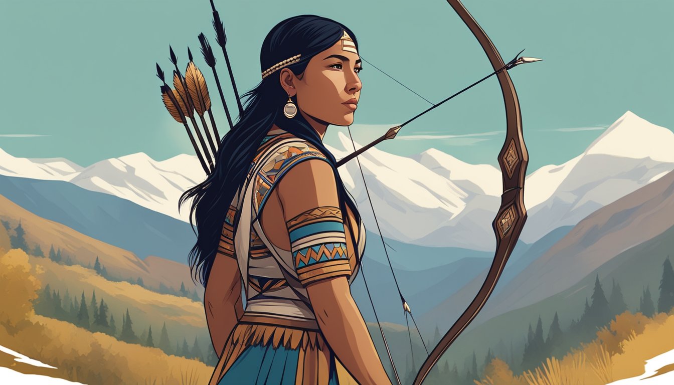 A young Native American woman stands in front of a picturesque mountain landscape, wearing traditional clothing and holding a bow and arrow