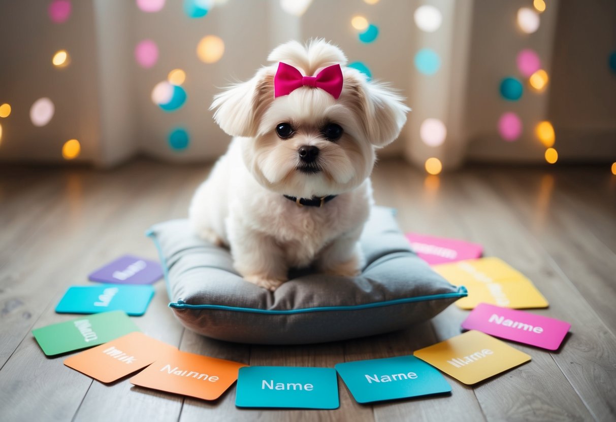 A small, fluffy white dog with a pink bow sits on a cushion, surrounded by a variety of name options written on colorful cards