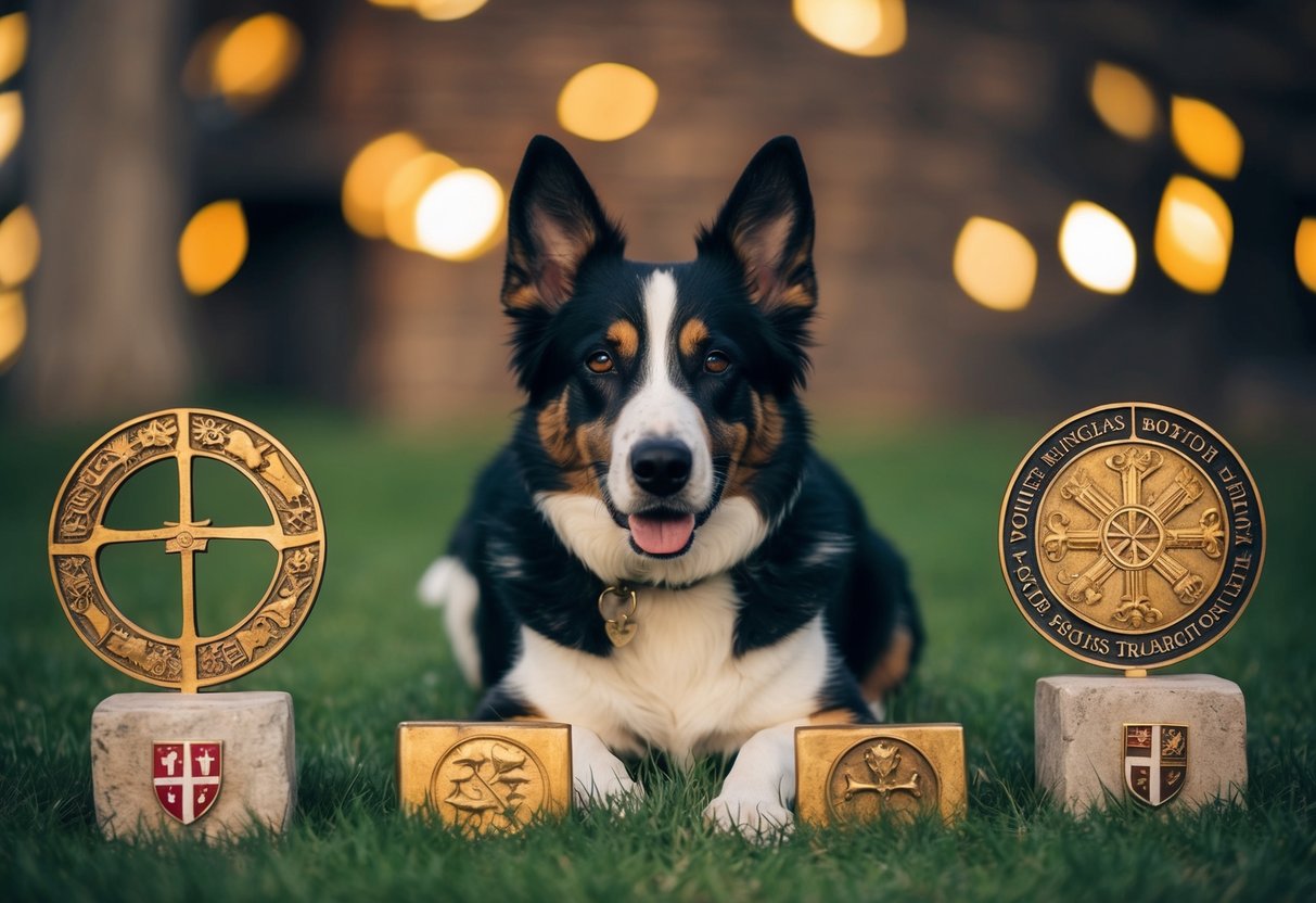 A medieval setting with a dog surrounded by symbols of Middle English culture and significance