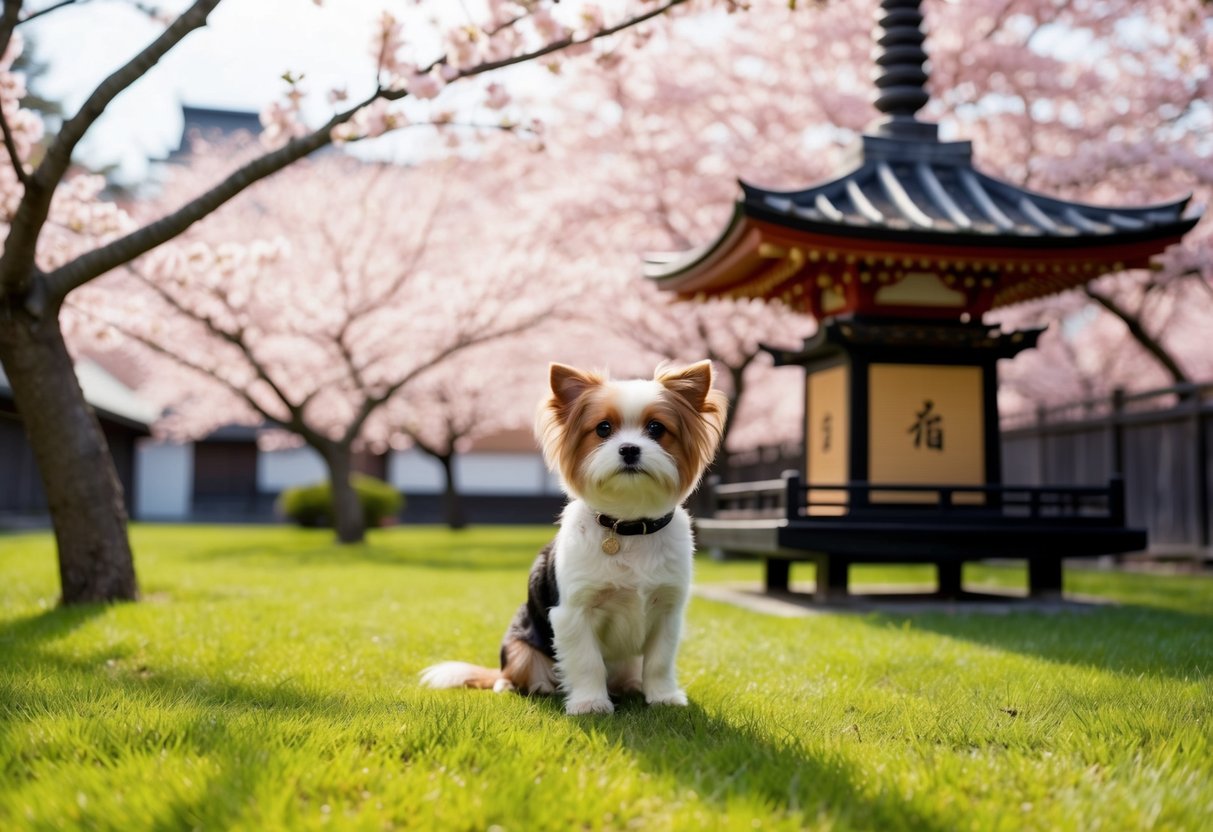 A tiny girl dog sits beside a traditional Japanese garden, surrounded by cherry blossom trees and a small pagoda