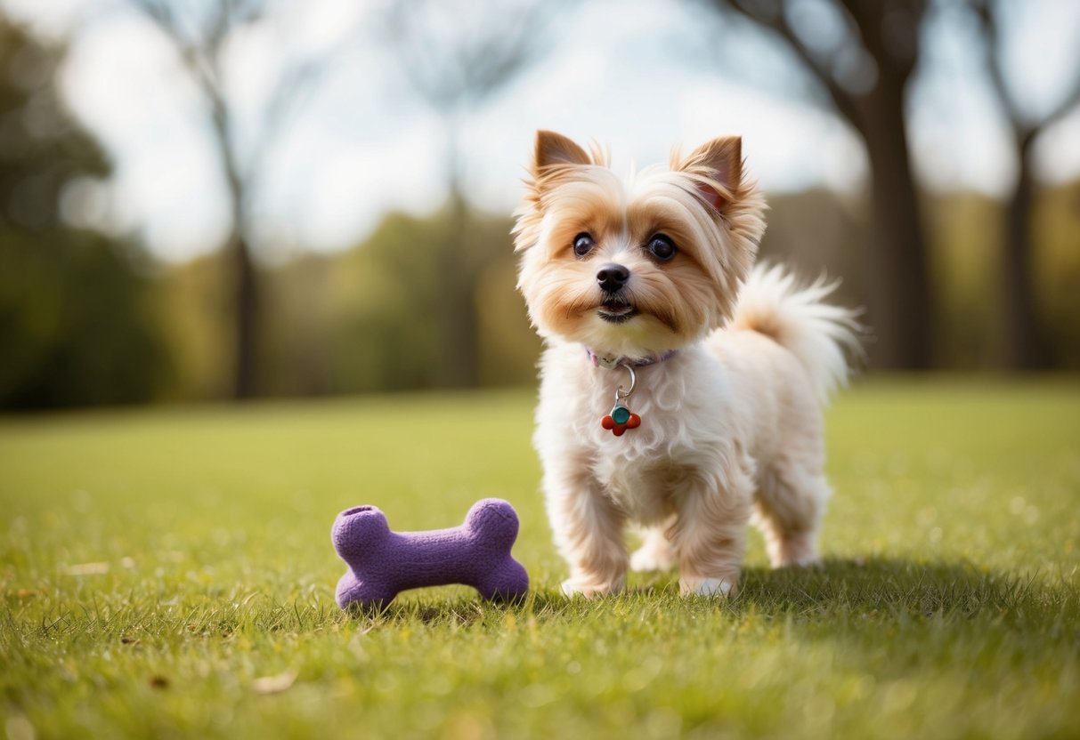 A tiny girl dog with a fluffy coat stands next to a toy bone, looking up with bright eyes
