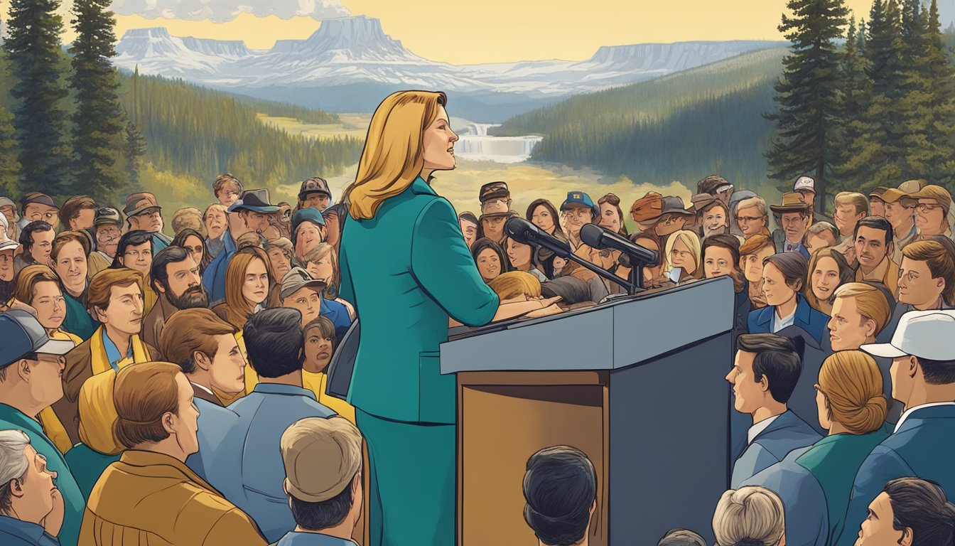 Senator Huntington stands in front of the iconic Yellowstone sign, surrounded by a diverse group of supporters and reporters. She exudes confidence and determination as she addresses the crowd