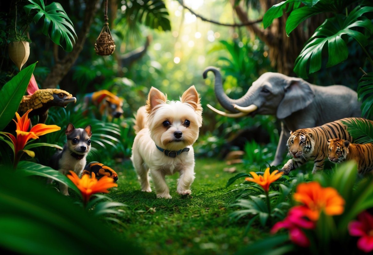 A tiny dog named Daisy explores a lush jungle filled with exotic animals and vibrant flowers