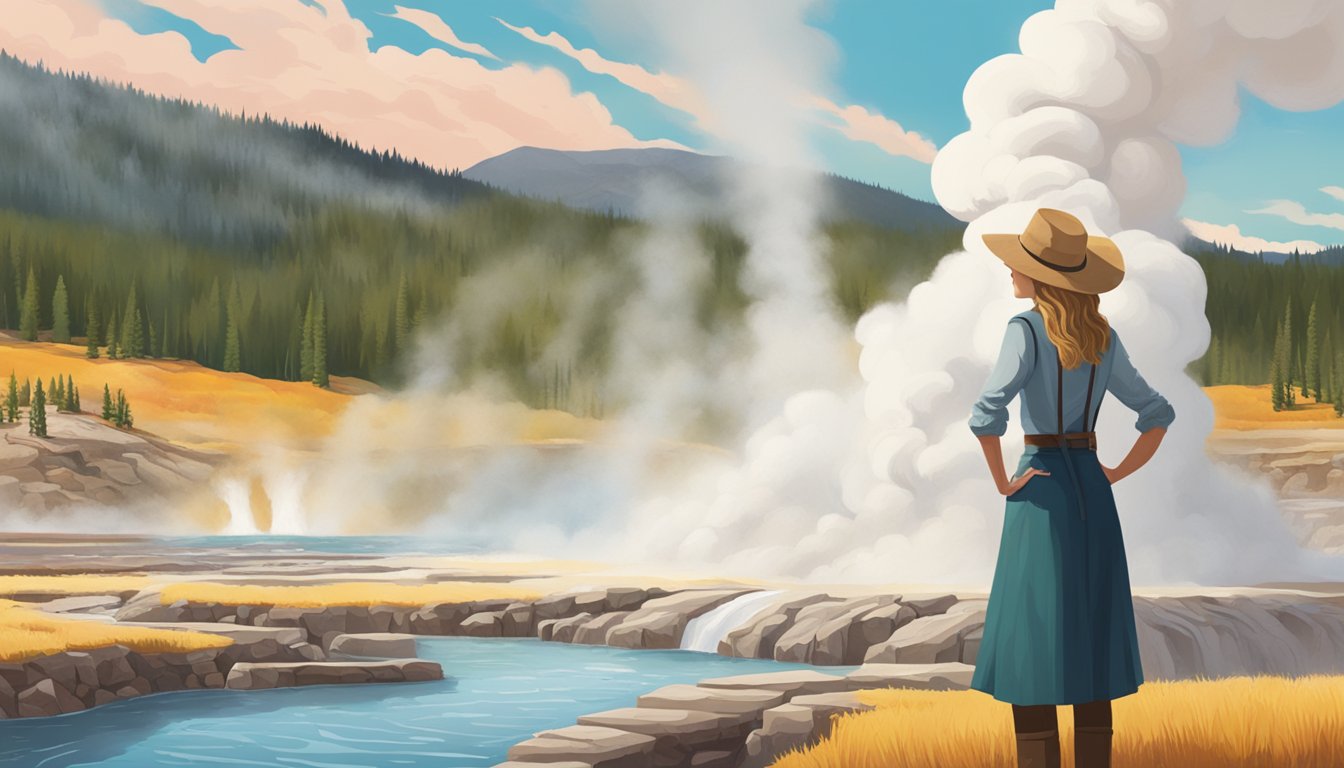 Caroline Warner stands beside a geyser, surrounded by colorful hot springs and steam rising from the ground. The iconic Yellowstone landscape stretches out behind her