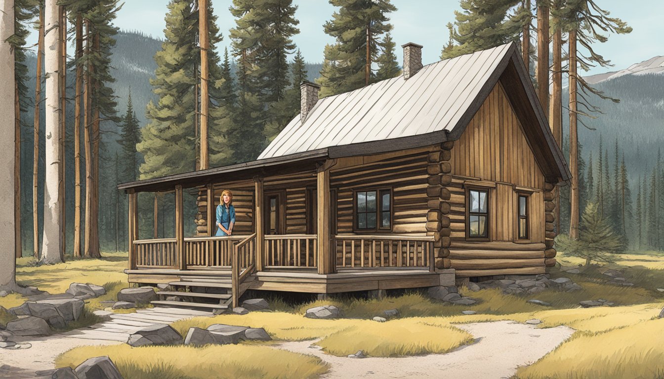 Caroline Warner stands in front of a rustic cabin, surrounded by towering pine trees, with the iconic Yellowstone National Park landscape in the background