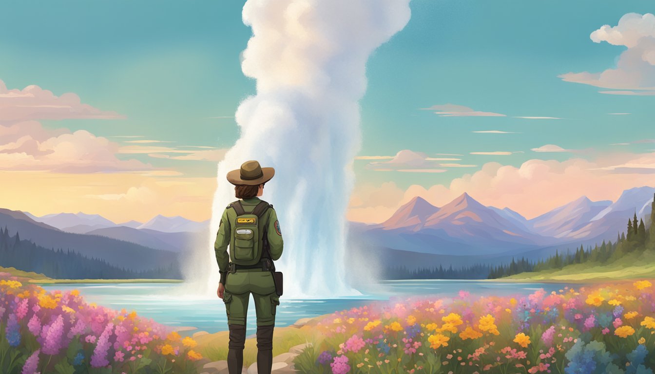 A woman in a ranger uniform stands in front of a geyser, surrounded by colorful wildflowers and a backdrop of mountains