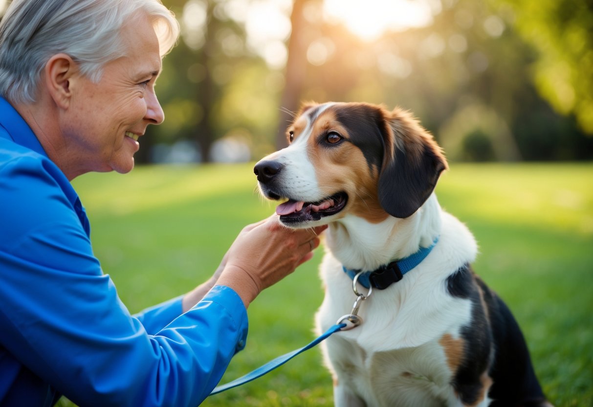 A dog being watched by a caretaker
