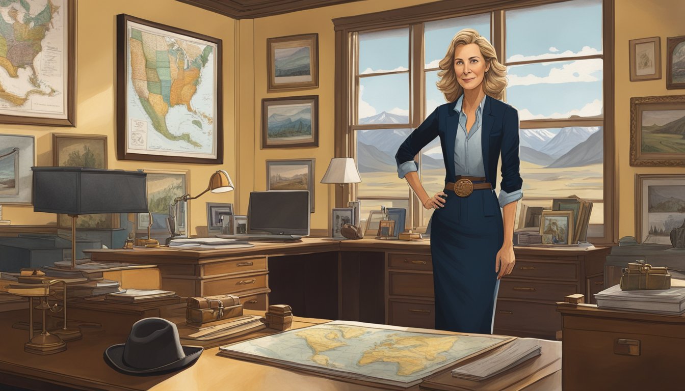 Caroline Warner stands confidently in her office, surrounded by western-inspired decor and a map of Yellowstone. She exudes authority and sophistication