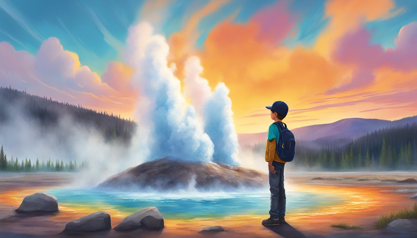 A young boy stands in front of a geyser, surrounded by the vibrant colors of Yellowstone National Park. The steam rises from the geyser, creating a mystical atmosphere