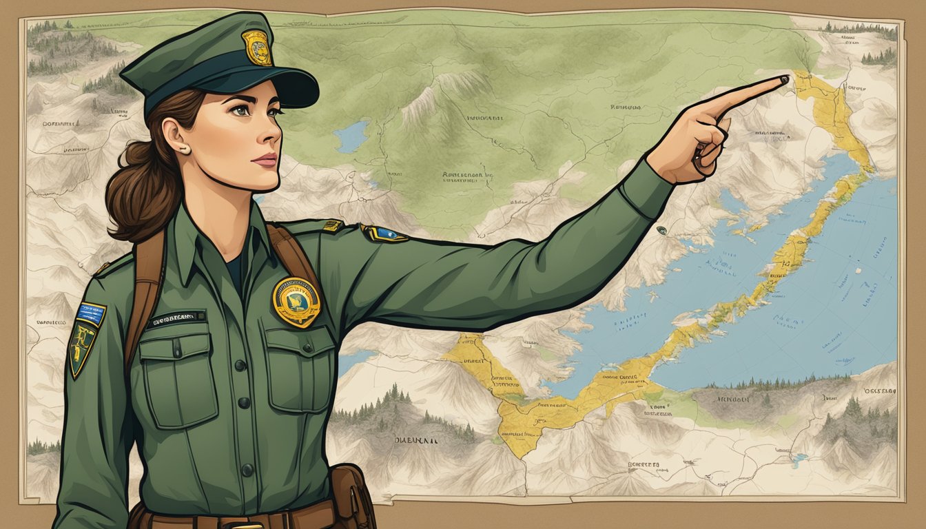 A woman in a ranger uniform stands in front of a map of Yellowstone National Park, pointing to various locations with a confident and authoritative demeanor