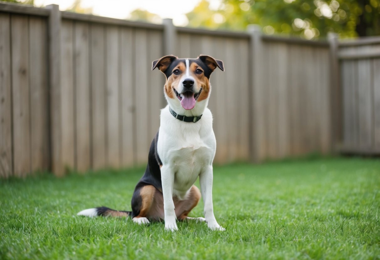A dog sitting calmly in a fenced yard, wagging its tail and looking content