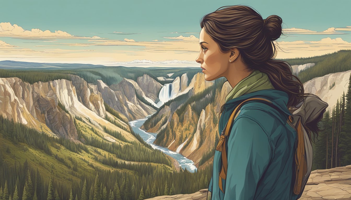 A young woman confidently surveys the vast Yellowstone landscape, her expression determined yet contemplative