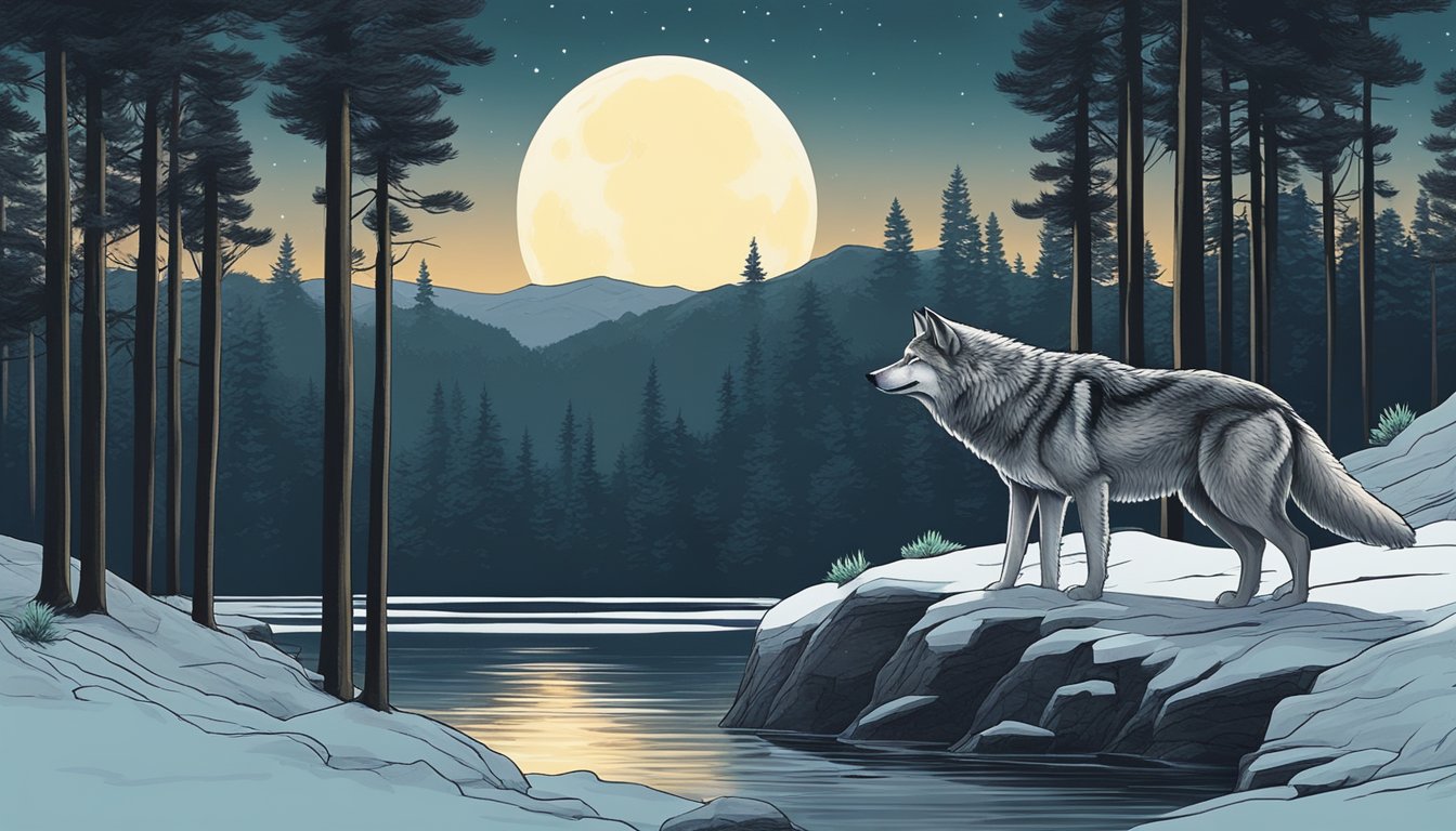 A lone wolf howls under the full moon, surrounded by towering pine trees and a bubbling hot spring in the background