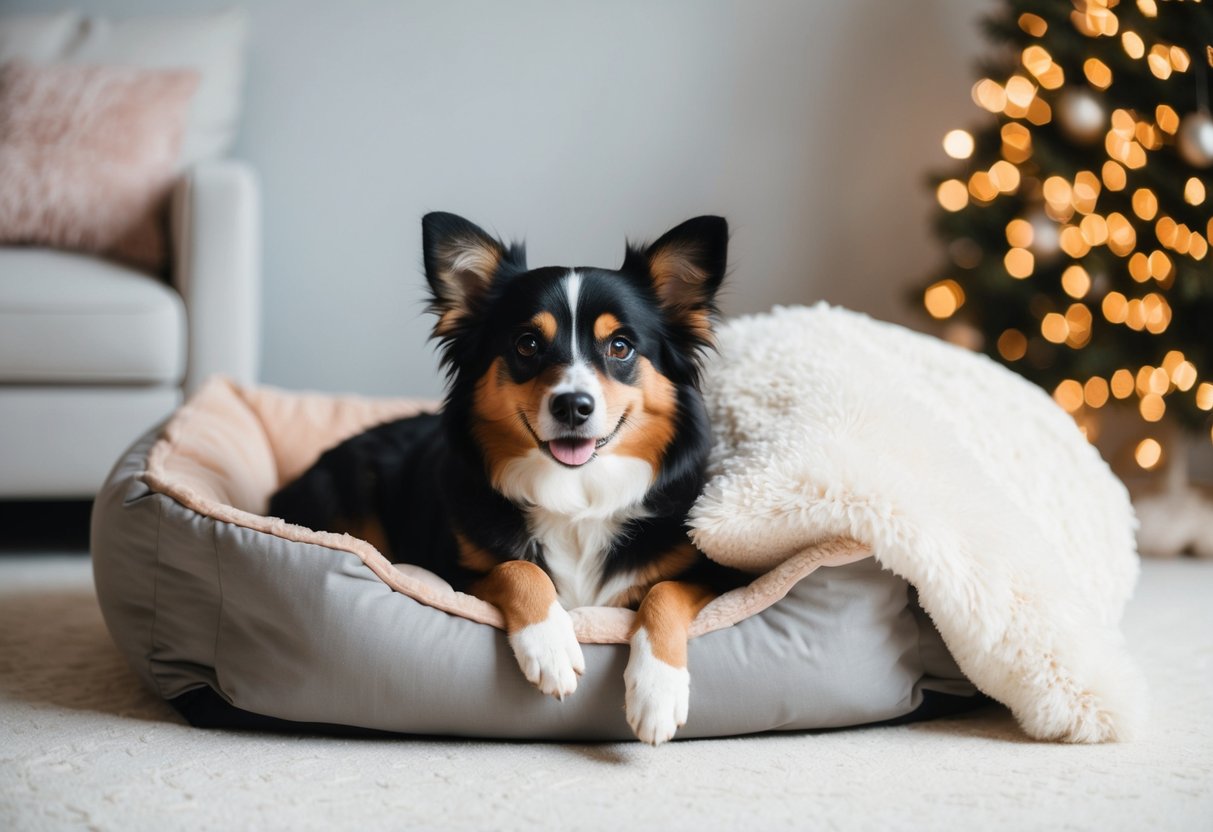 A cozy dog bed with a soft, fluffy blanket and a plush pillow
