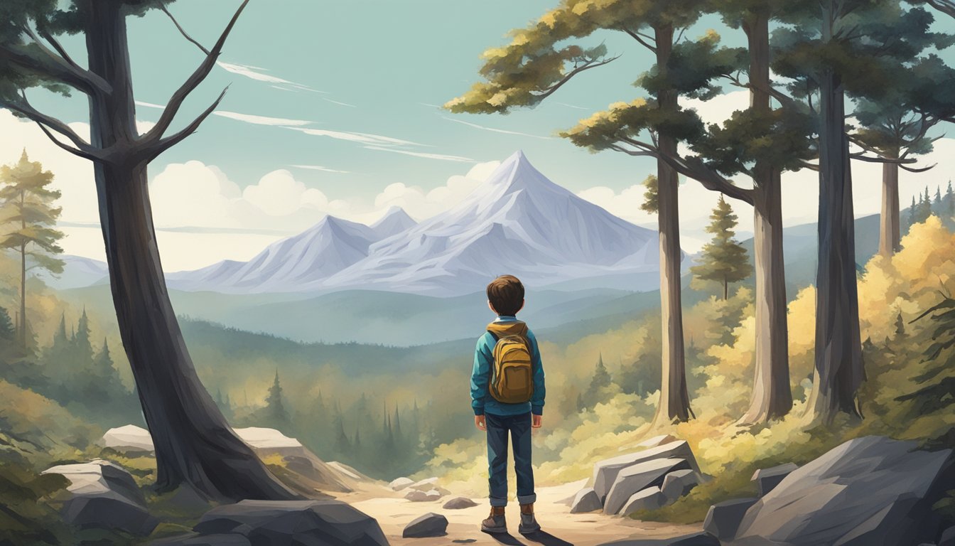 A young boy stands in a rugged landscape, surrounded by towering trees and a distant mountain range. He appears determined and resilient