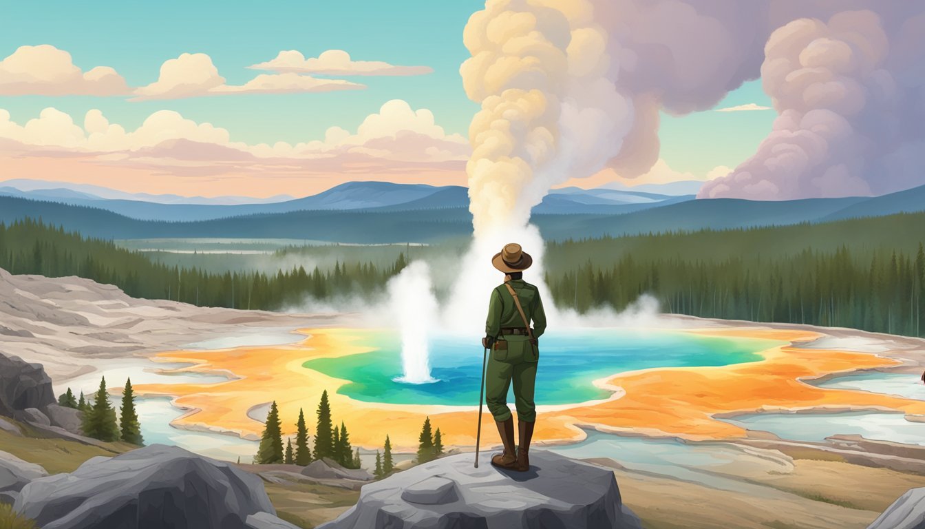 A woman in a ranger uniform stands against a backdrop of geysers and colorful hot springs in Yellowstone National Park