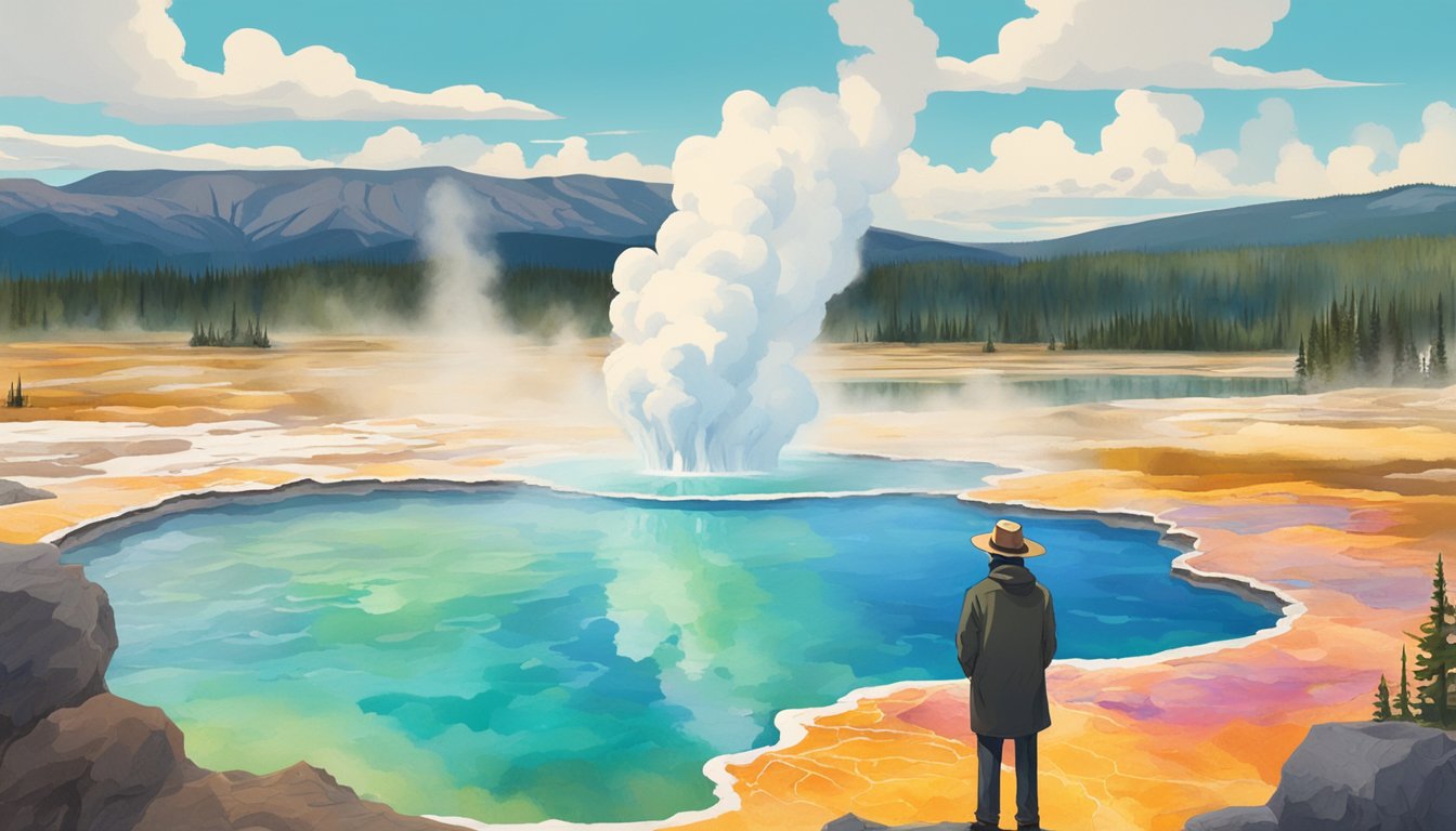 A lone figure stands beside a bubbling hot spring, surrounded by towering geysers and colorful mineral pools in the heart of Yellowstone National Park