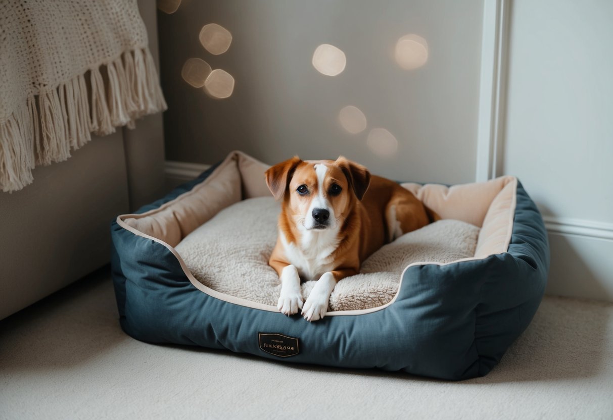 A cozy dog bed with soft blankets and a plush pillow nestled in a quiet corner of the room