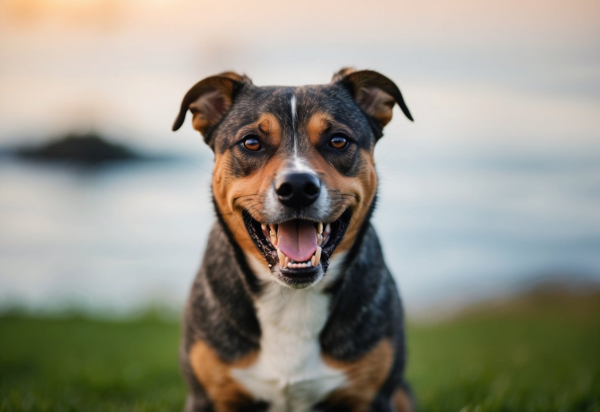 A dog baring its teeth and growling while staring directly at someone or something