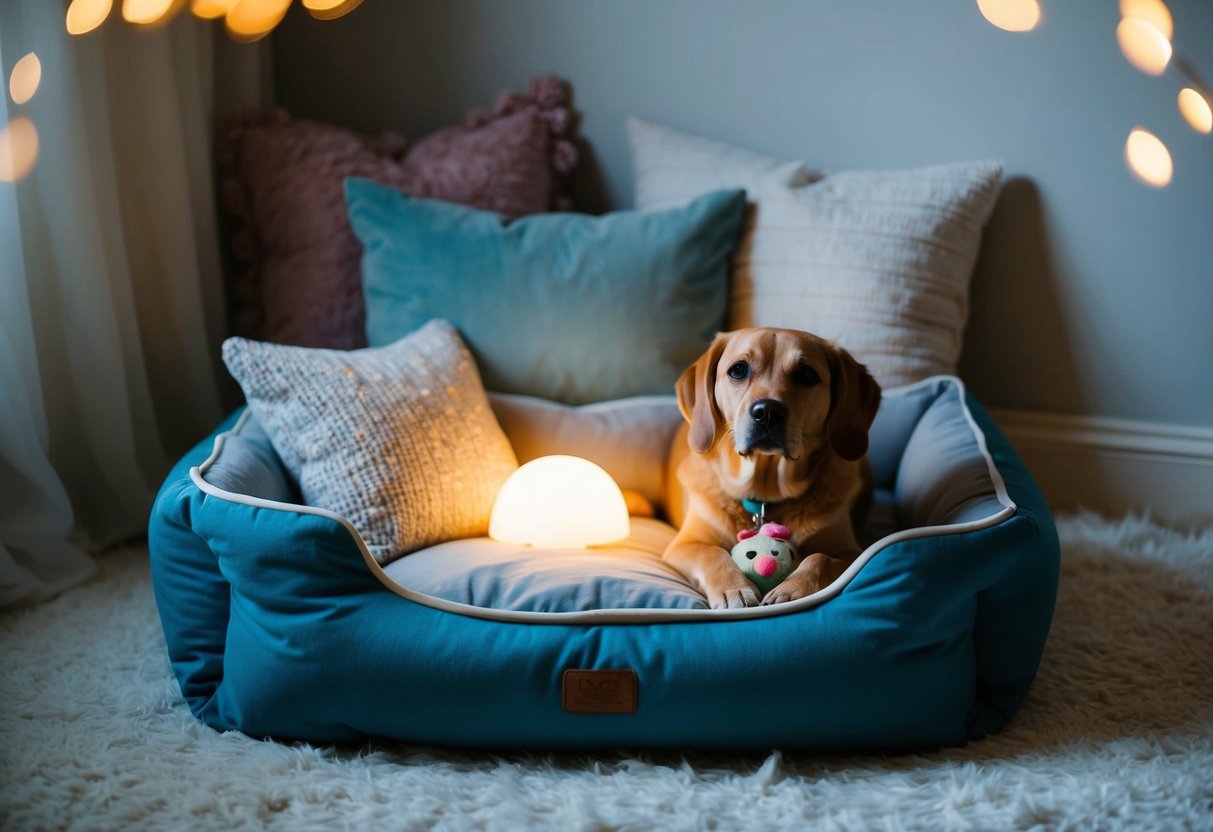 A cozy dog bed surrounded by soft blankets and pillows, with a calming nightlight and a plush toy for comfort