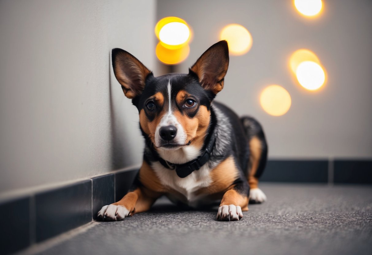 A dog cowering in a corner with ears pinned back and tail tucked between its legs