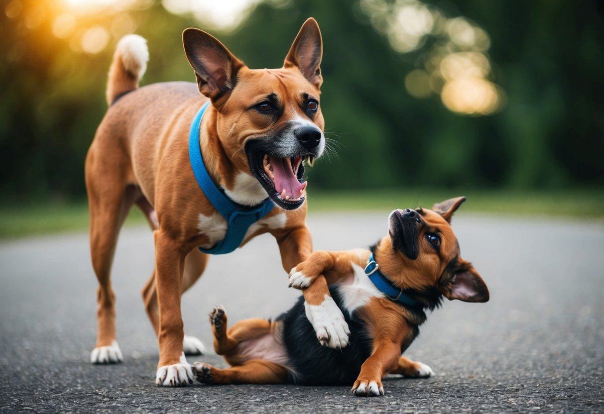 A dog growling and showing teeth, standing over a smaller dog with raised fur and a submissive posture