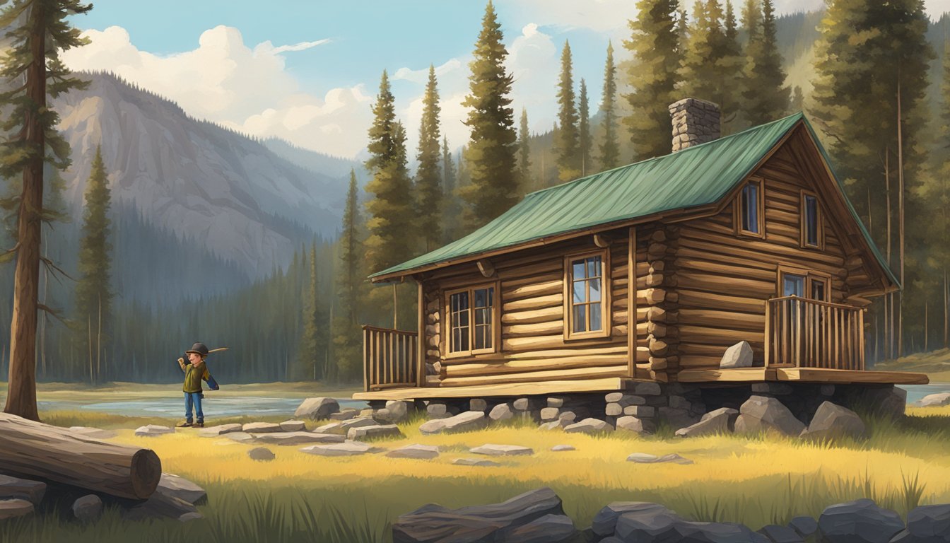 A young boy stands in front of a rustic log cabin, surrounded by the breathtaking wilderness of Yellowstone National Park