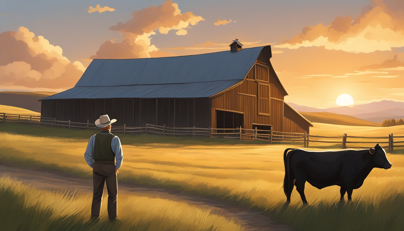 Emmett Walsh stands in front of a rustic barn, surrounded by grazing cattle and rolling hills. The sun sets behind him, casting a warm glow over the scene