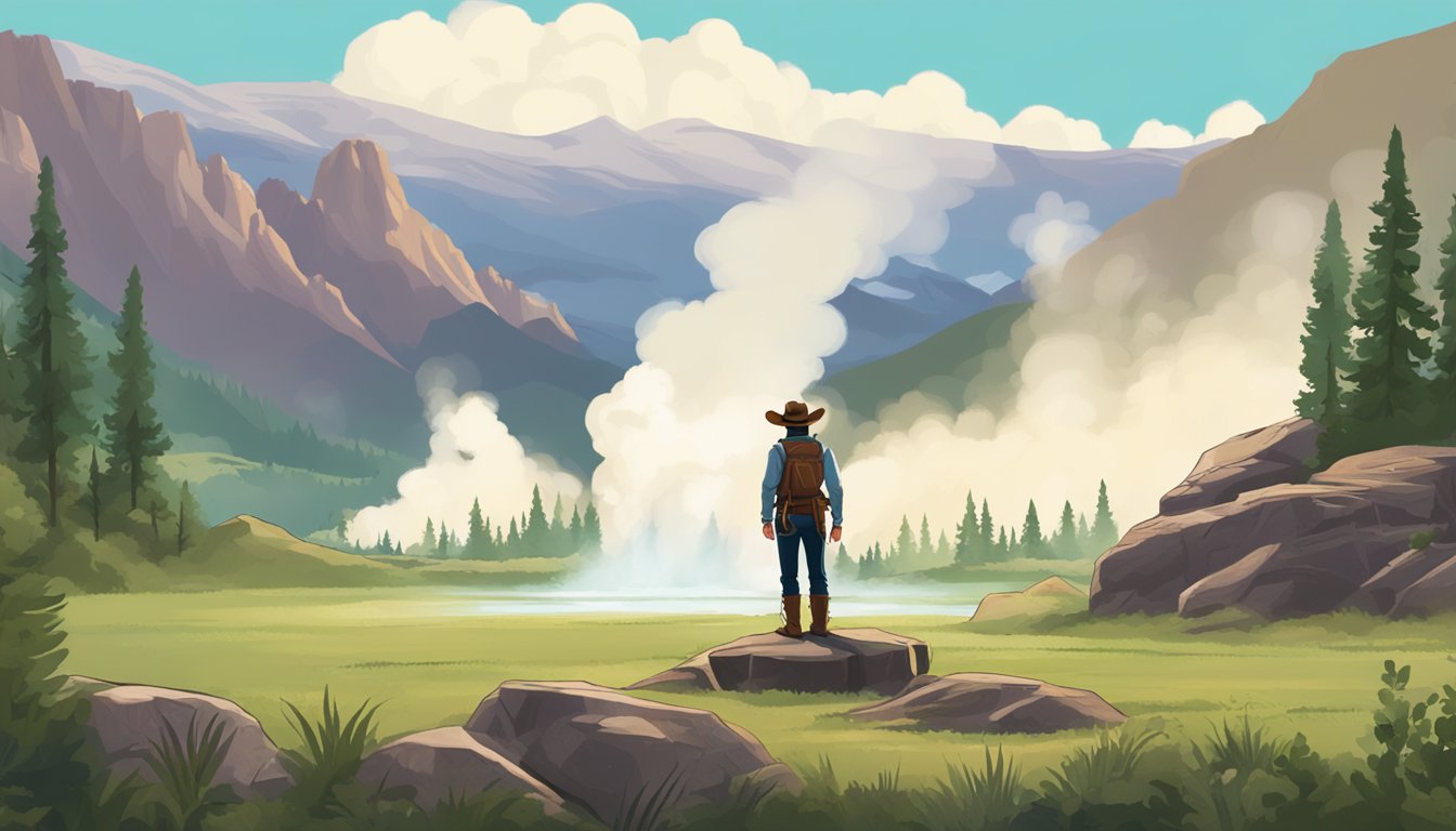 A rugged cowboy stands in front of a steaming geyser, surrounded by towering mountains and lush greenery